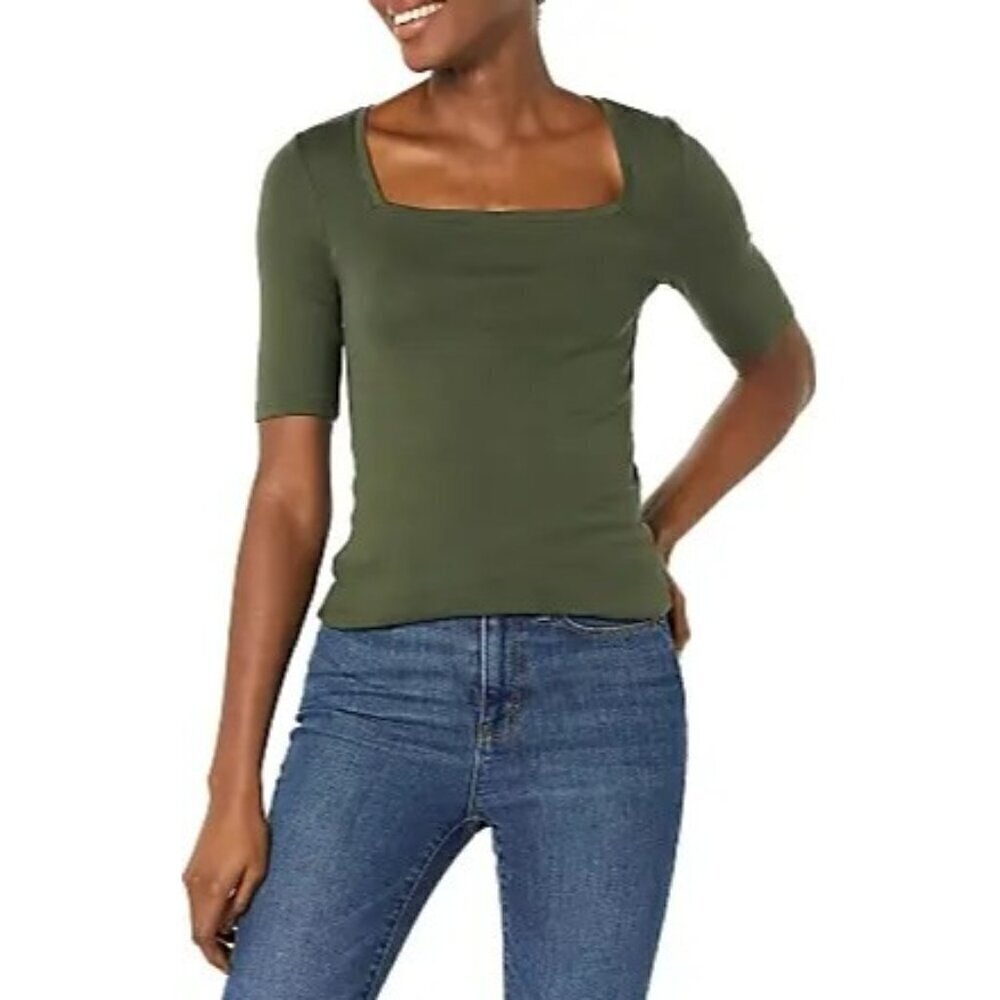 Amazon Essentials Olive Green Square‎ Neck Short Sleeve Blouse M